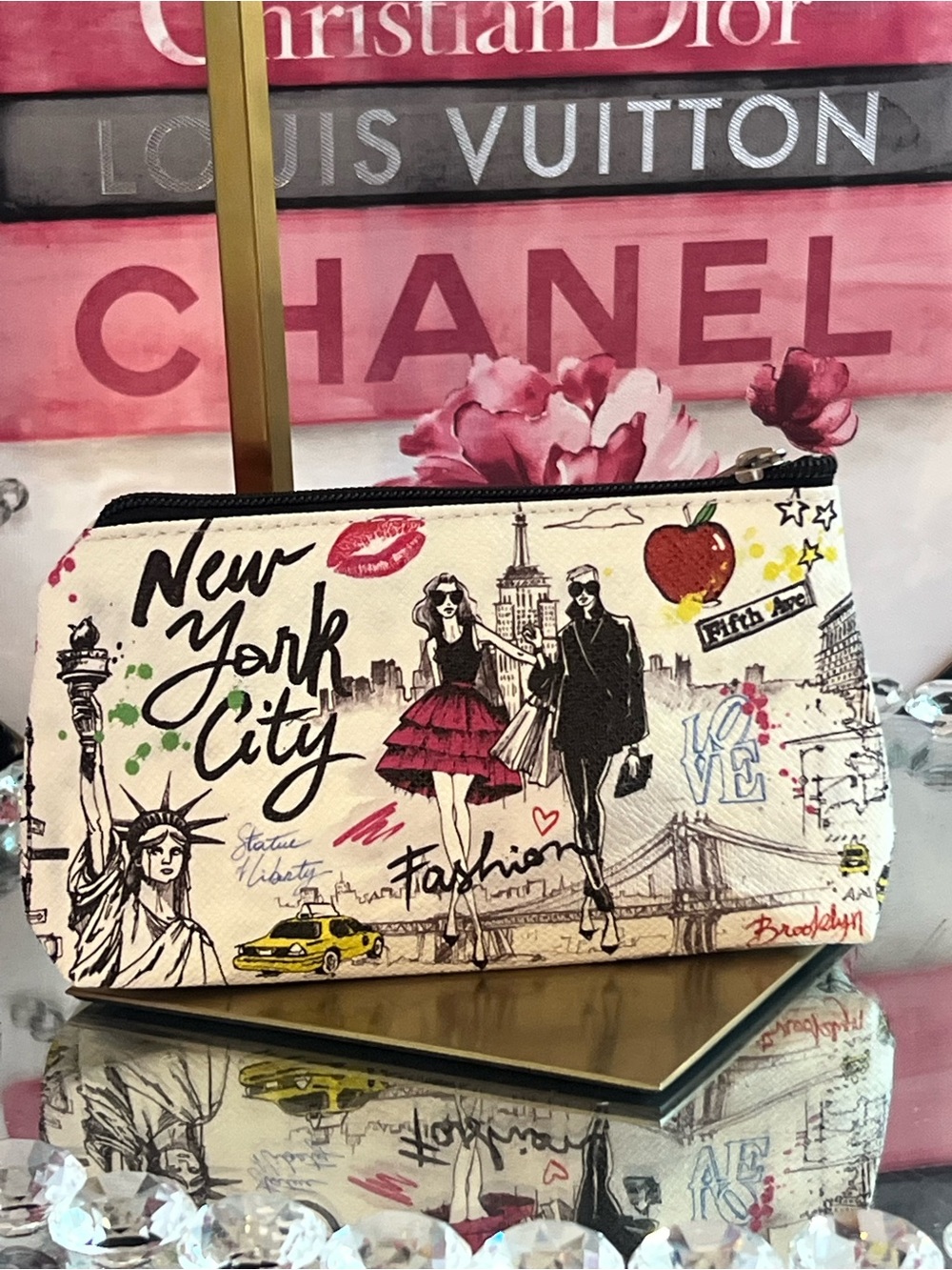 New York City Fashion Illustration Cosmetic Pouch - Cream with Pink Accents